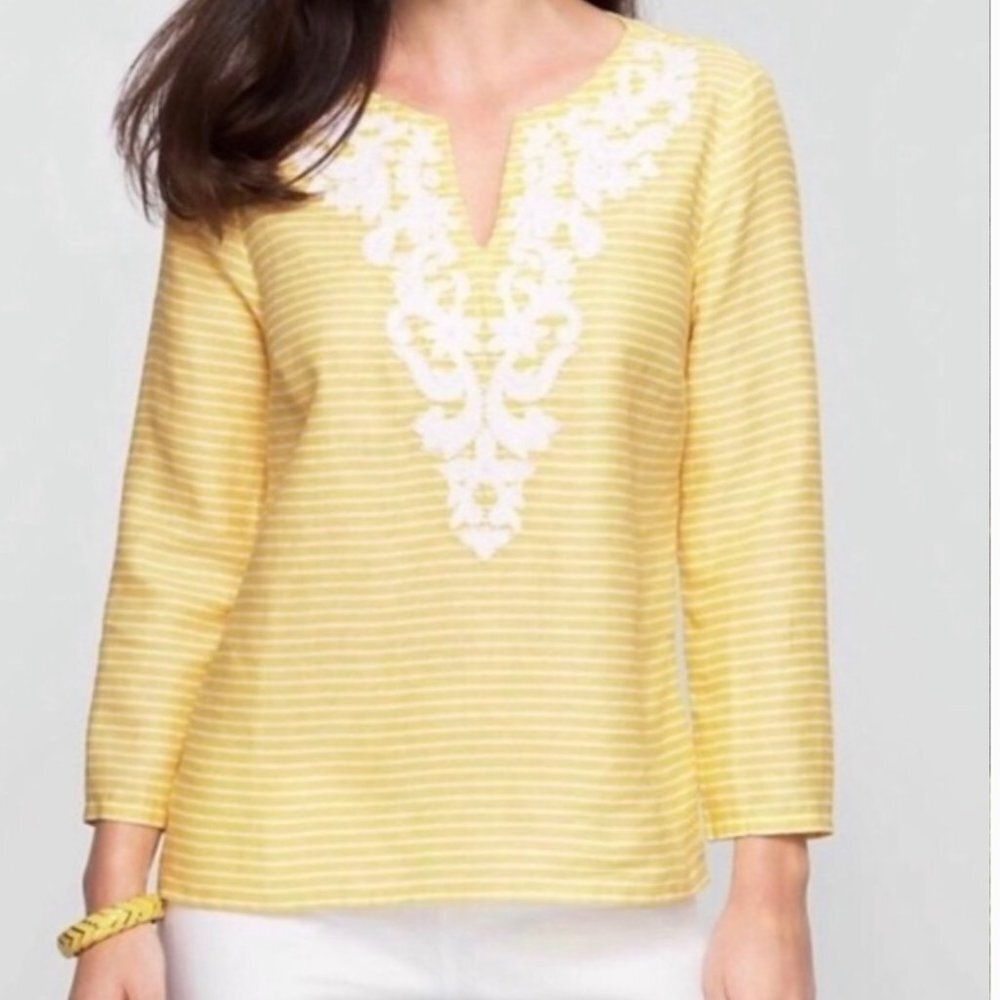 Talbots Linen Beaded Appliqué V- neck Top Yellow White Stripe Size S